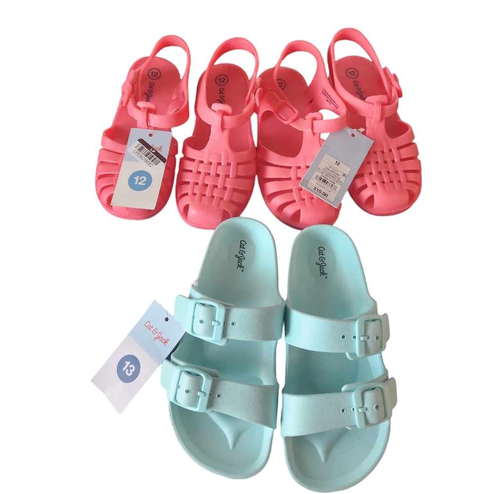 Kids Girls Cat And Jack Kids Lot Of 3, Pink &  Blue Sandals Size 13 & 12